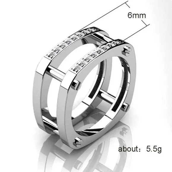 ▶Square Glitter Zircon Double Layer Silver Plated Ring for Men, L187